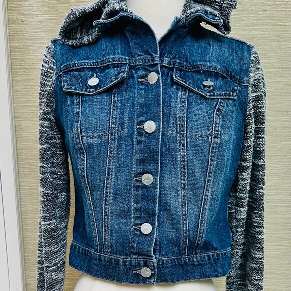 Y2K Jessica Simpson Jean Jacket Denim and Knit Black White Removable Hood Size S - Picture 2 of 5
